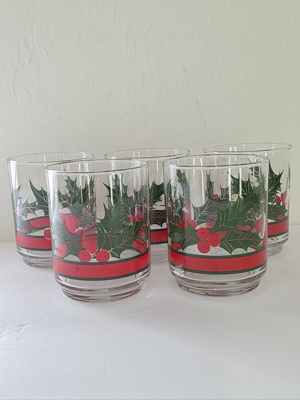 Vintage Libbey Holly & Berries Christmas Rocks Glasses set of 5